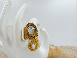 Brass Dual Moonstone Ring – Handcrafted Adjustable Gold Plated Statement Ring