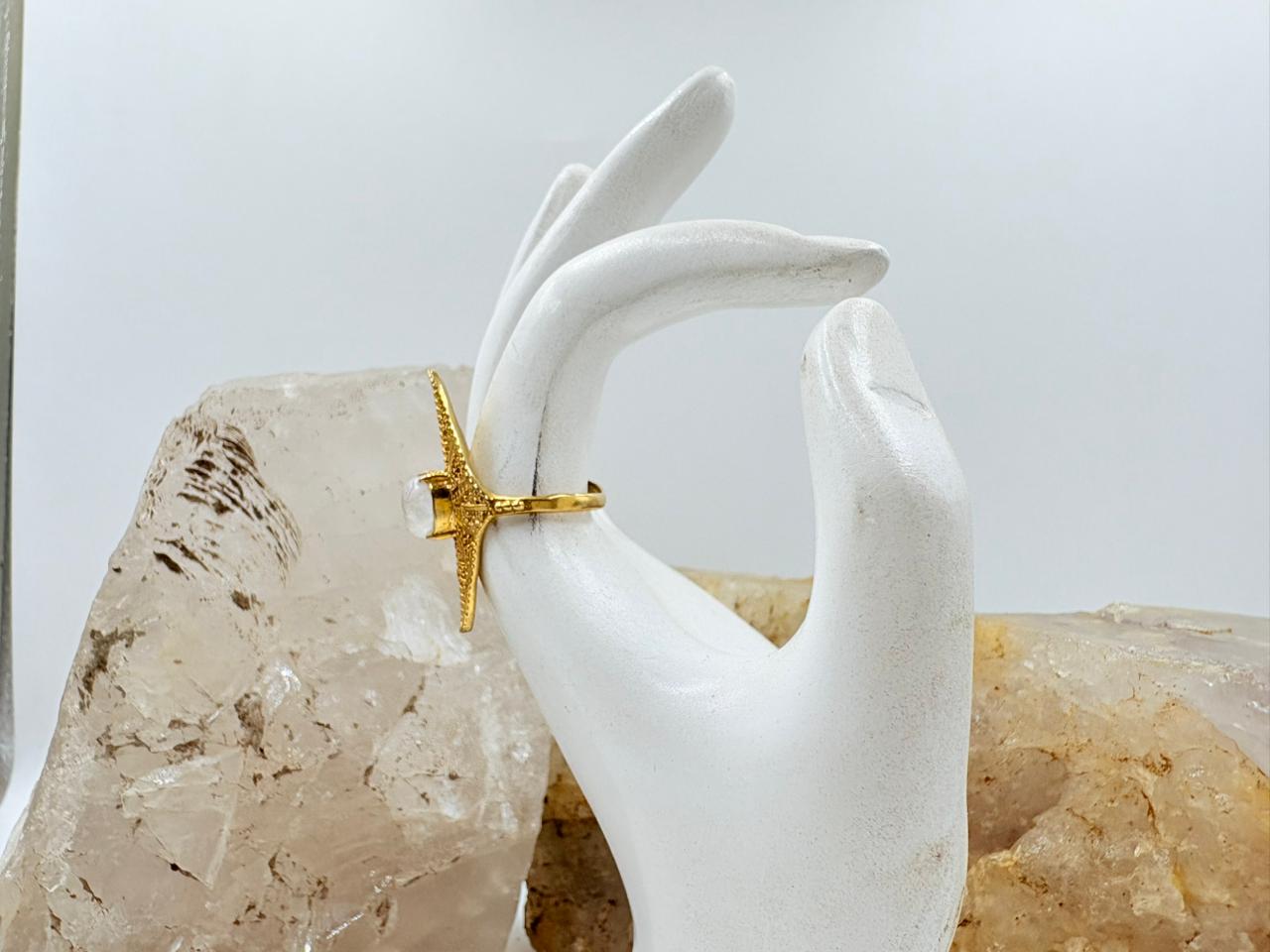 Brass White Rainbow Stone Ring – 18K Colour Gold Plated Fixed Size Statement Ring