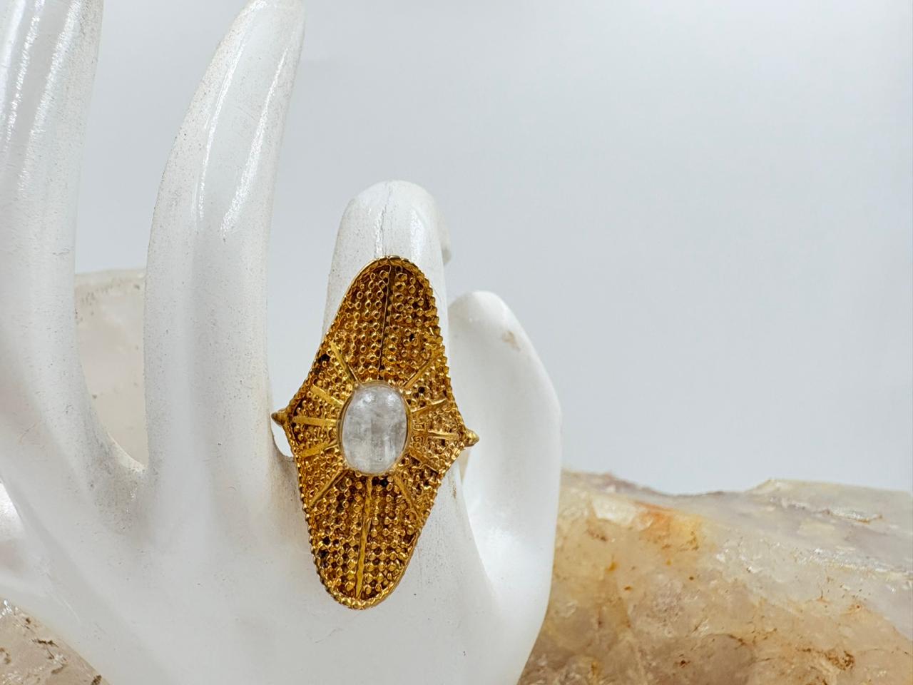 Brass White Rainbow Stone Ring – 18K Colour Gold Plated Fixed Size Statement Ring