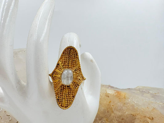 Brass White Rainbow Stone Ring – 18K Colour Gold Plated Fixed Size Statement Ring