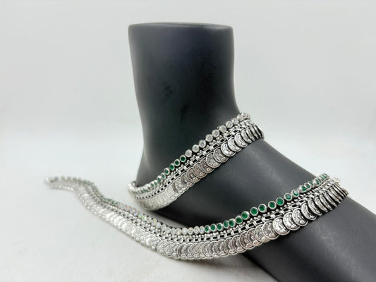 Designer Silver Anklet – Dual Layer Coin Motif with Green Stone Accents