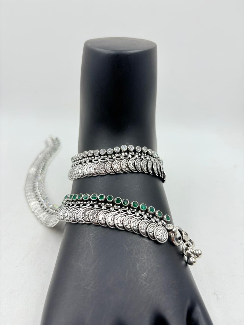 Designer Silver Anklet – Dual Layer Coin Motif with Green Stone Accents
