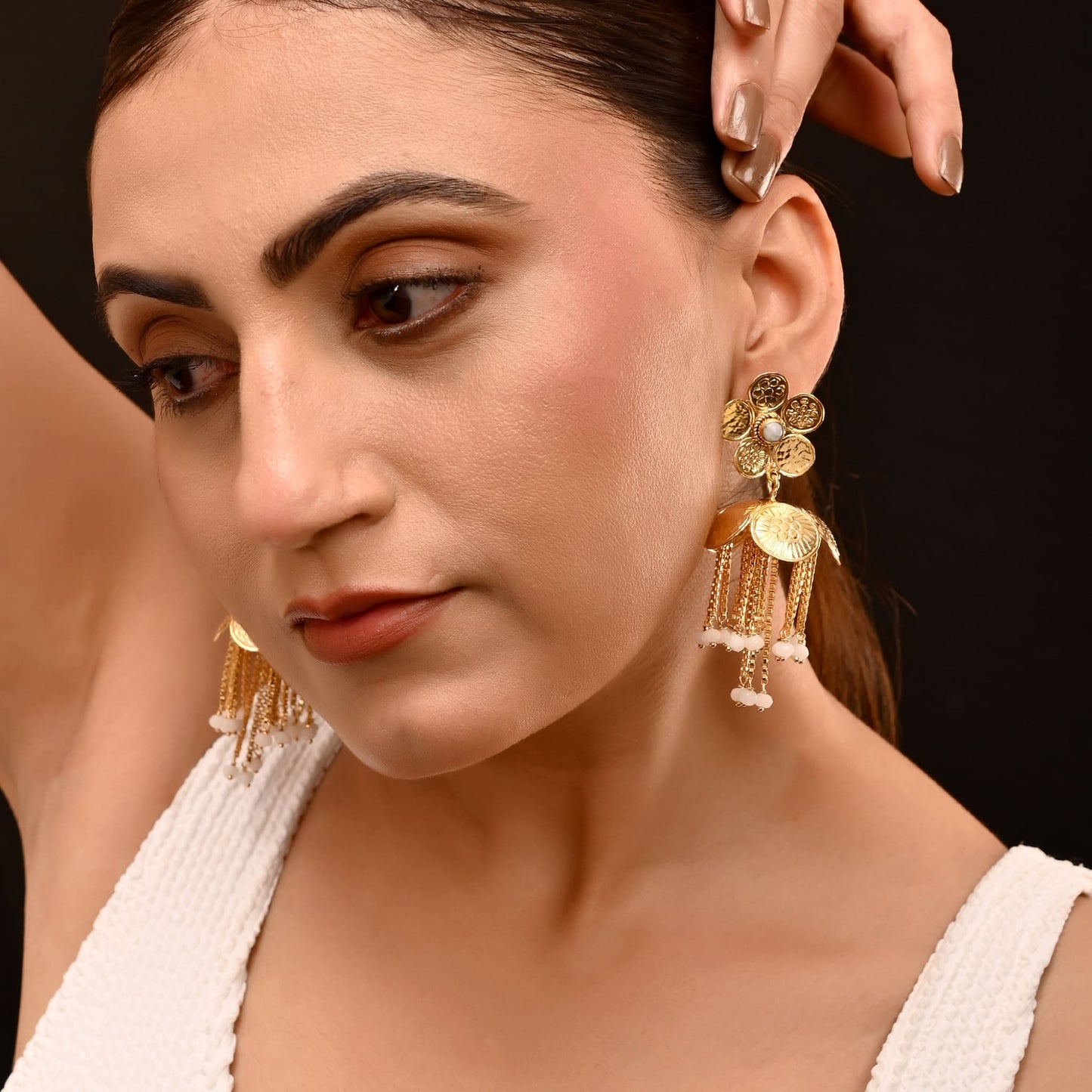 Gold Plated Brass Earrings with Floral Top & Jhumka Danglers – Designer Ethnic Statement Jewelry
