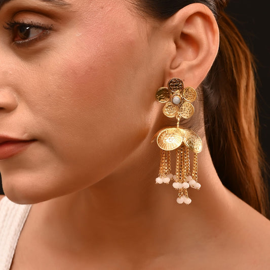 Gold Plated Brass Earrings with Floral Top & Jhumka Danglers – Designer Ethnic Statement Jewelry
