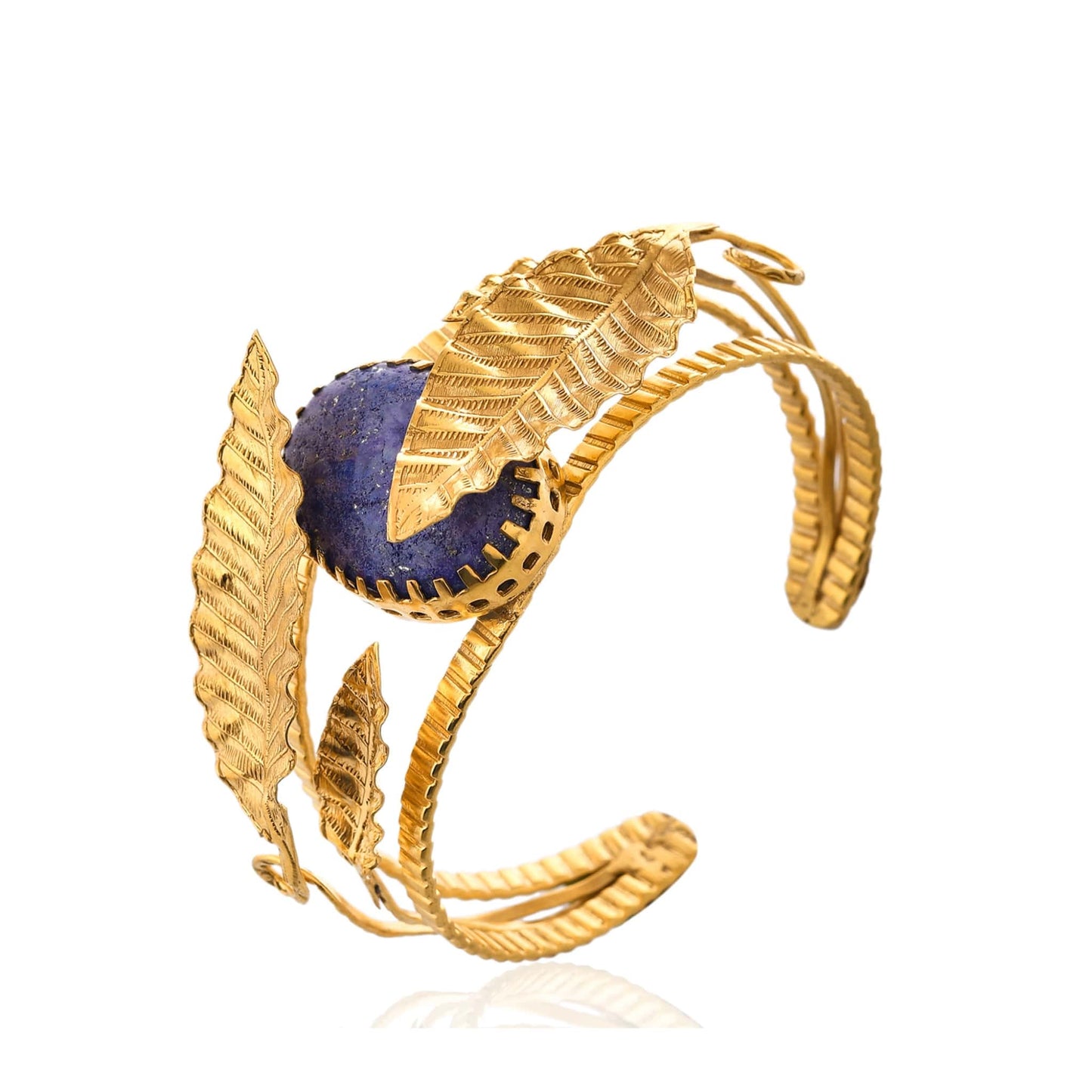 Gold Plated Brass Bangle with Leaf Design & Stone Accent – Adjustable Traditional Jewelry
