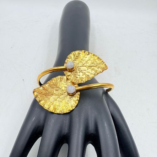 Golden Brass Leaf Bangle with Gemstone Accent