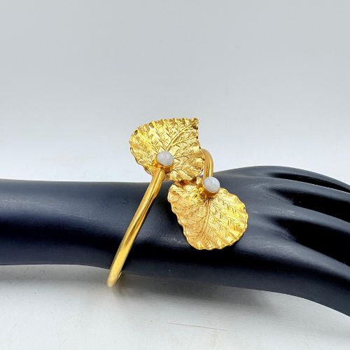 Golden Brass Leaf Bangle with Gemstone Accent