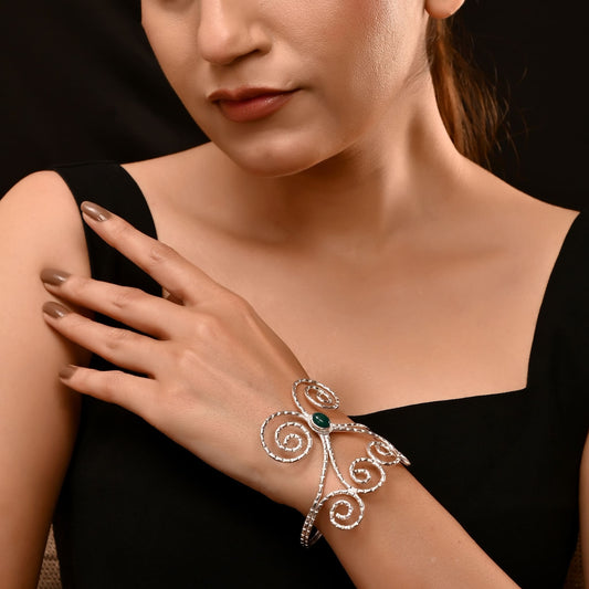 Handmade 92.5 Silver Bangle with Green Onyx Stone – Designer Silver Green Onyx Bangle