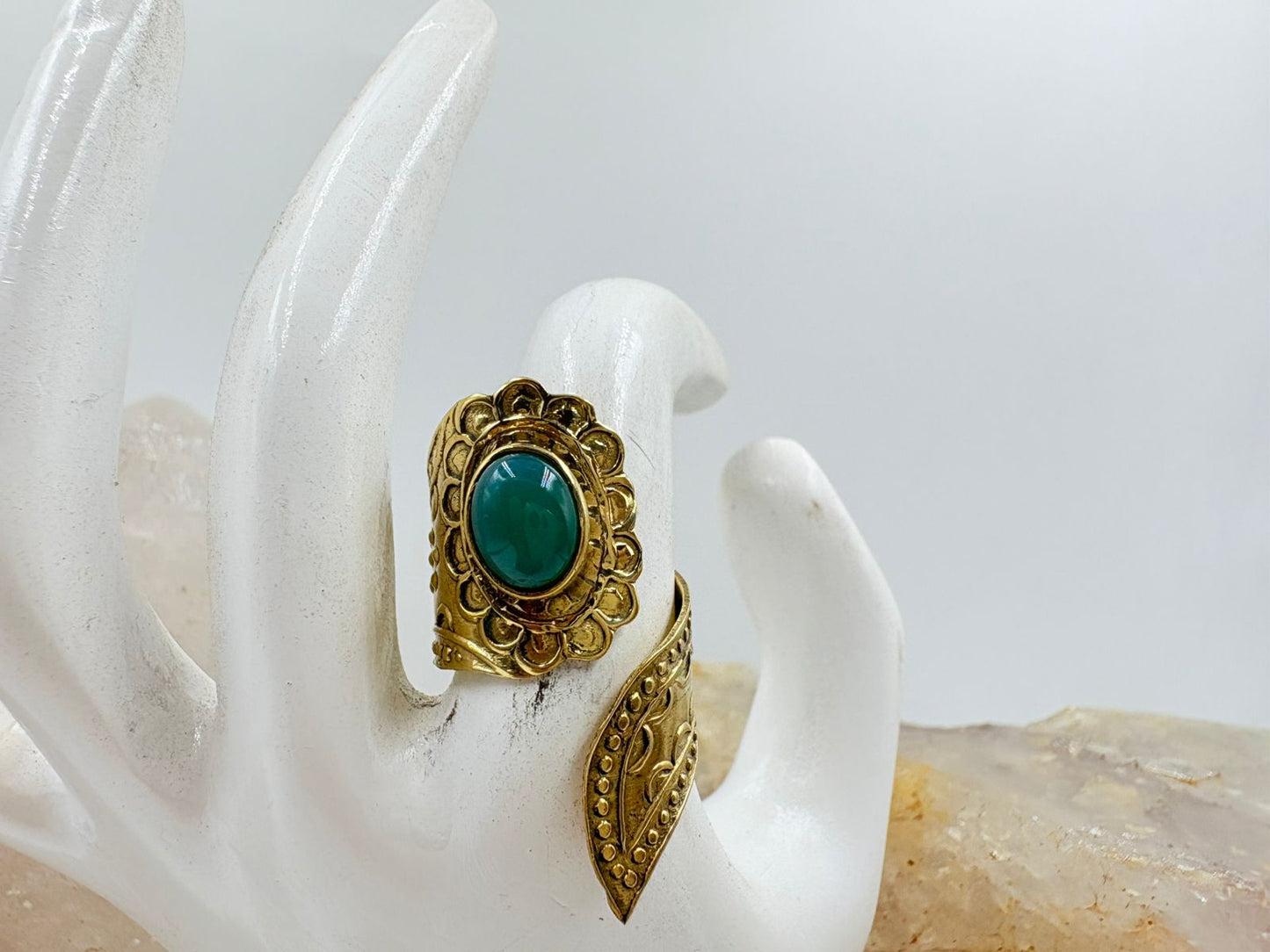Handmade Brass Ring with Green Stone & 18K Gold Plating