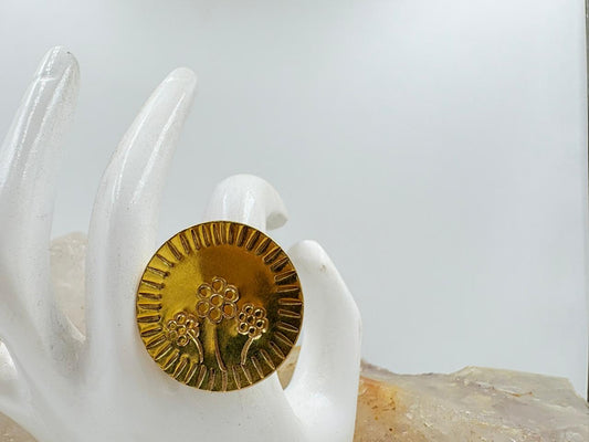 Handmade Brass Ring with 18K Gold Plating – Floral Design Statement Jewelry
