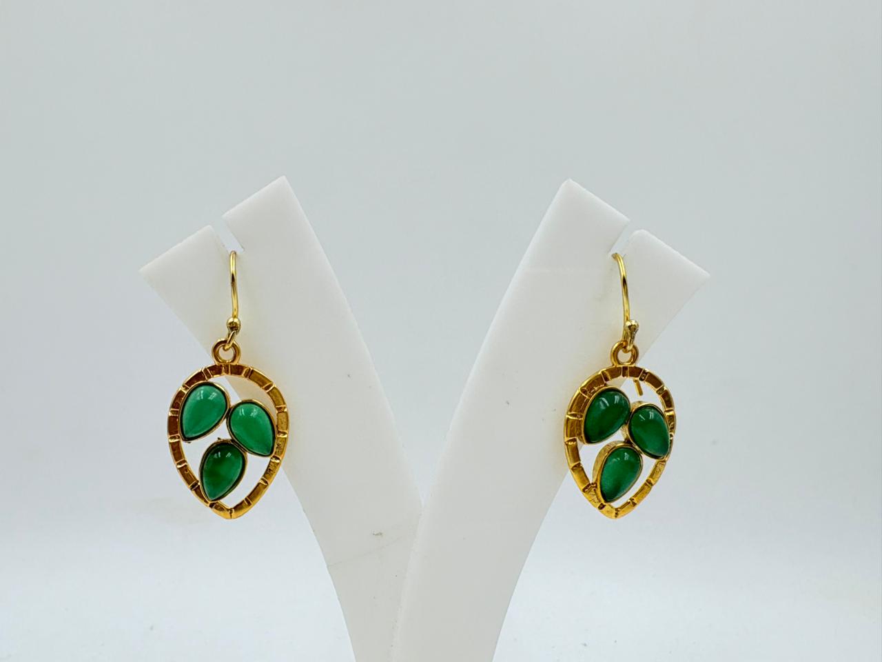 Brass Green Onyx Dangle Earrings with 18K Gold Plating – Triple Teardrop Leaf Design