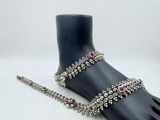 Silver Anklet – 84g Floral Bead Design with Red & Green Stone Accents