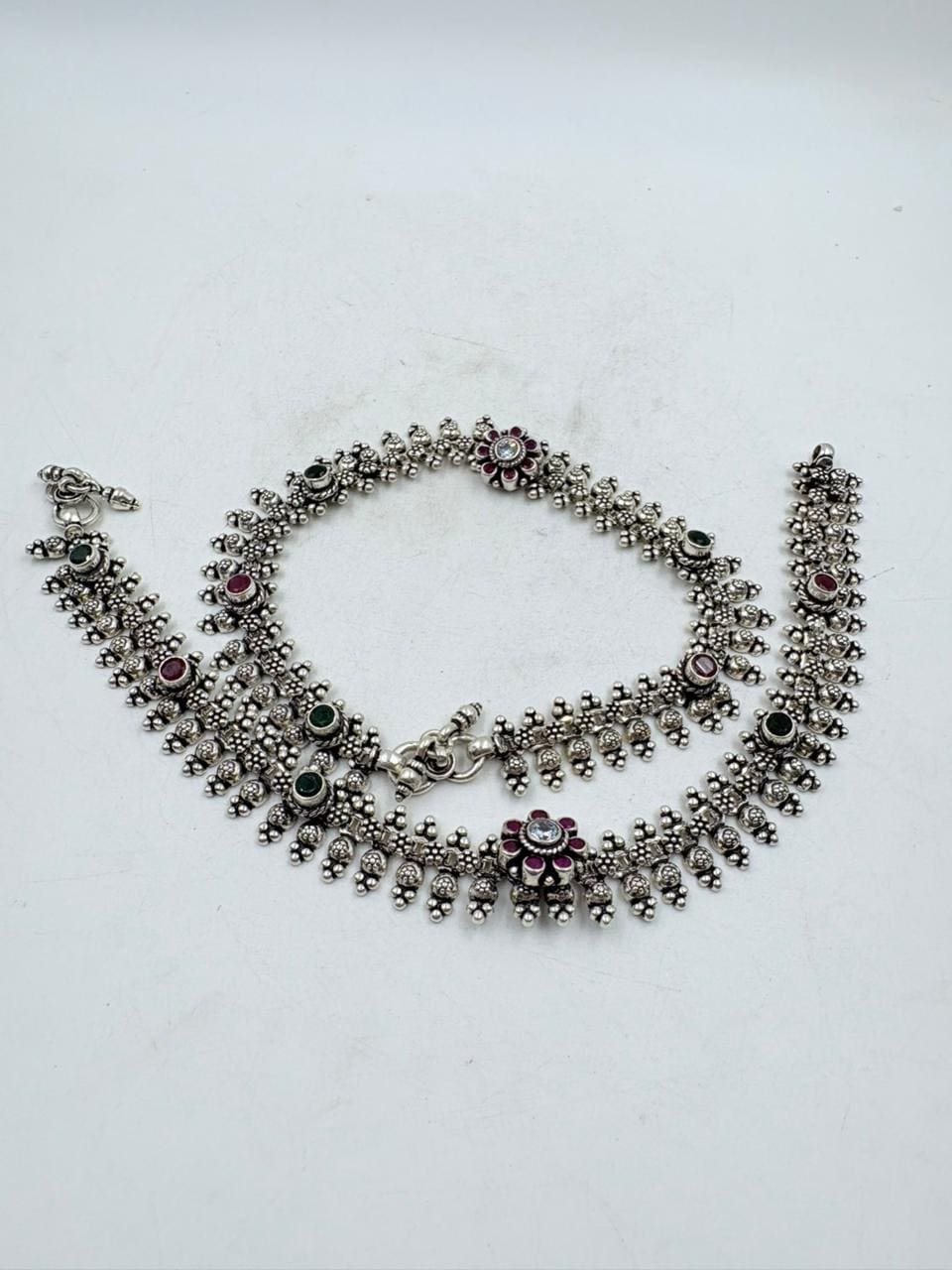 Silver Anklet – 84g Floral Bead Design with Red & Green Stone Accents