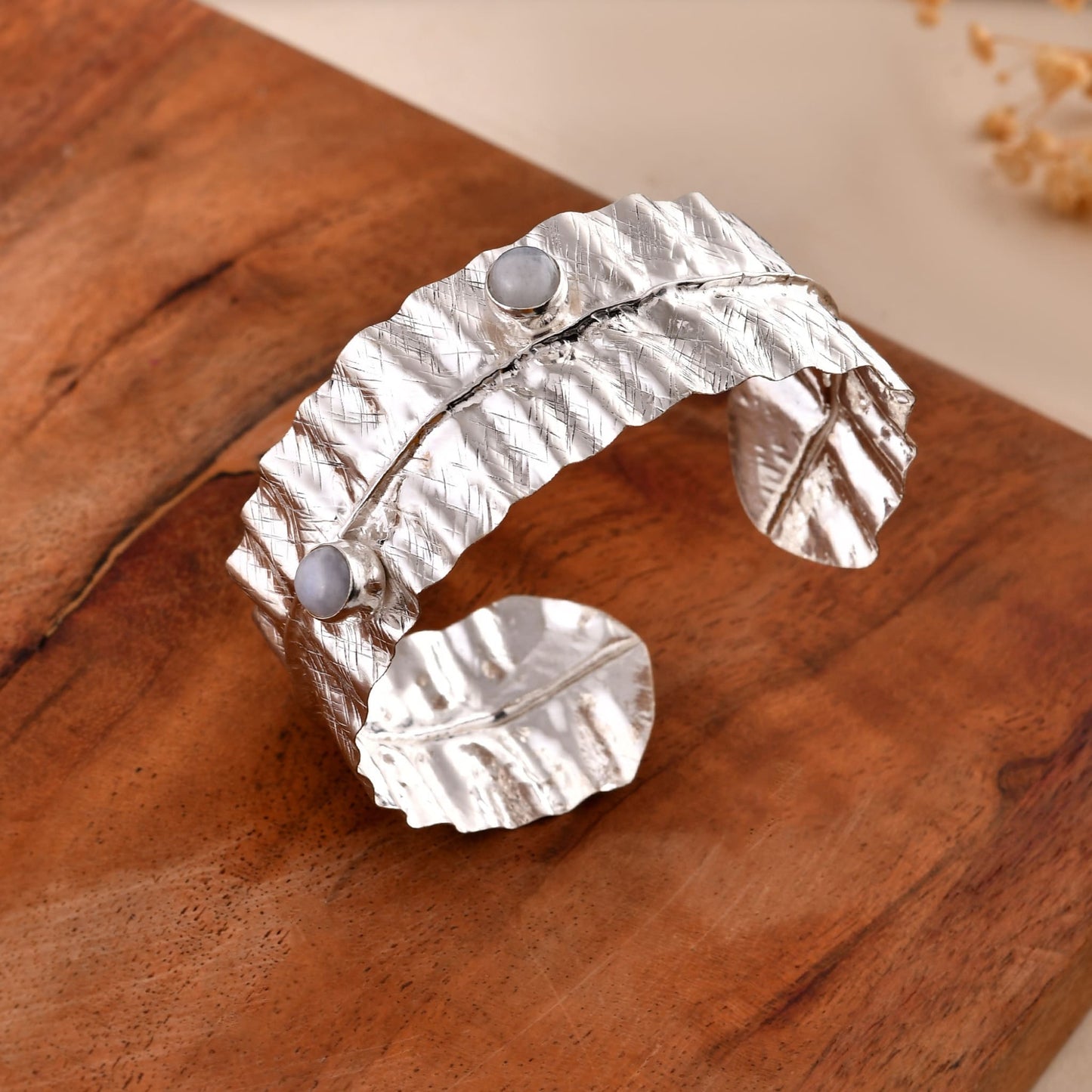 92.5 Sterling Silver Textured Bangle with White Rainbow Stone – Handcrafted Luxury Jewellery