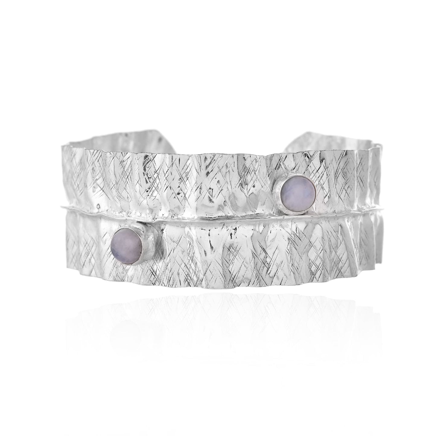 92.5 Sterling Silver Textured Bangle with White Rainbow Stone – Handcrafted Luxury Jewellery