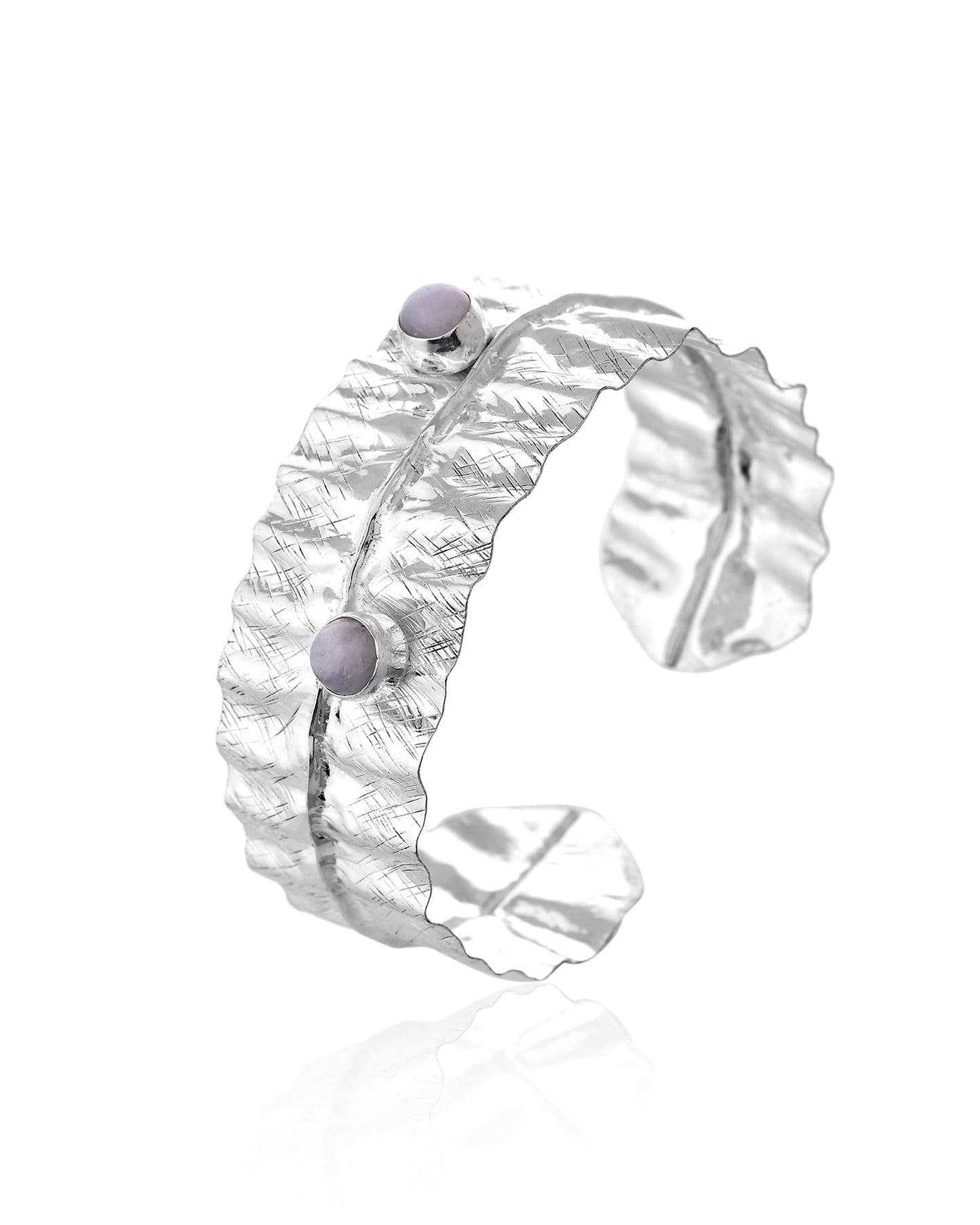 92.5 Sterling Silver Textured Bangle with White Rainbow Stone – Handcrafted Luxury Jewellery