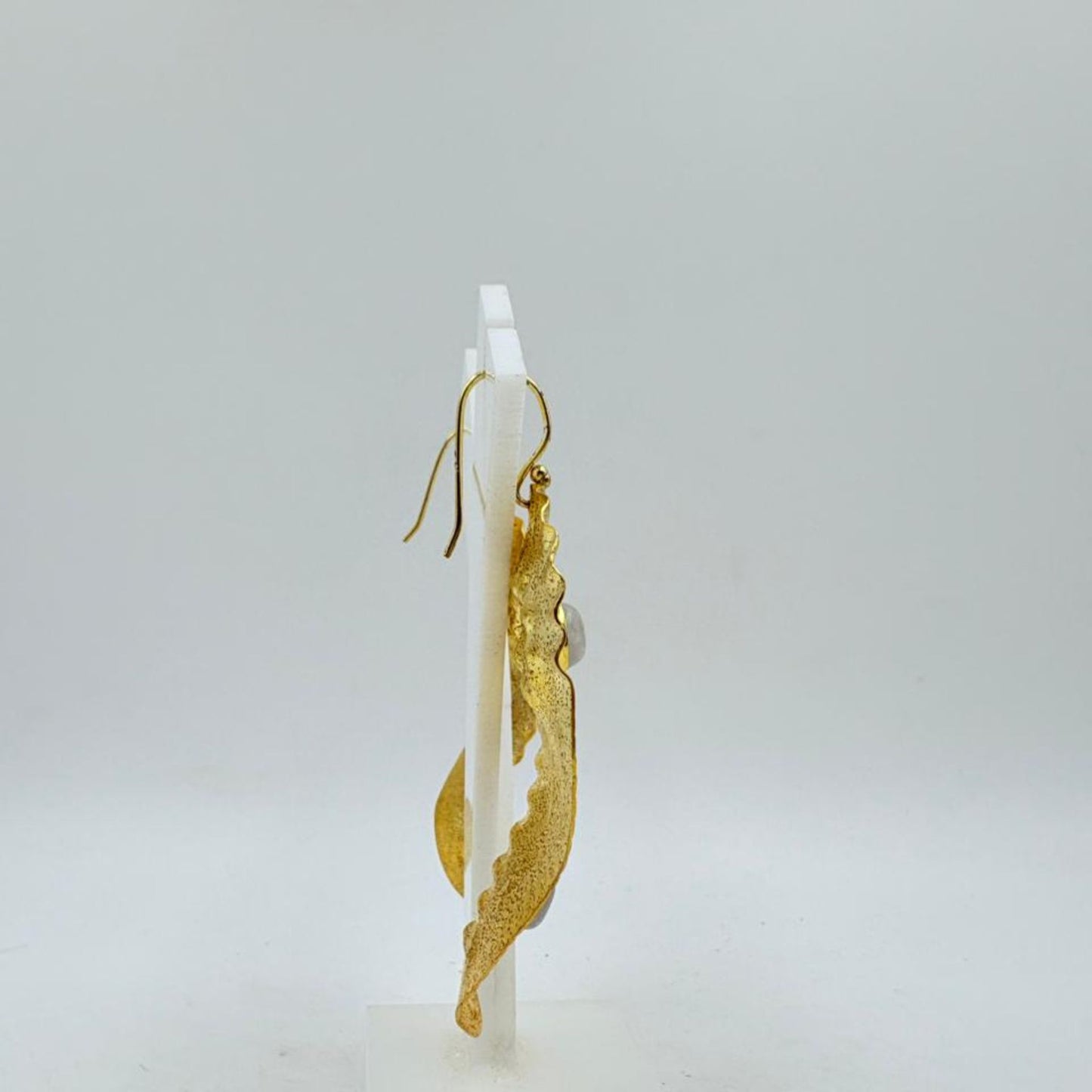 Brass Dangle Earrings with 18K Gold Plating – Textured Artistic Design with White Rainbow Stone