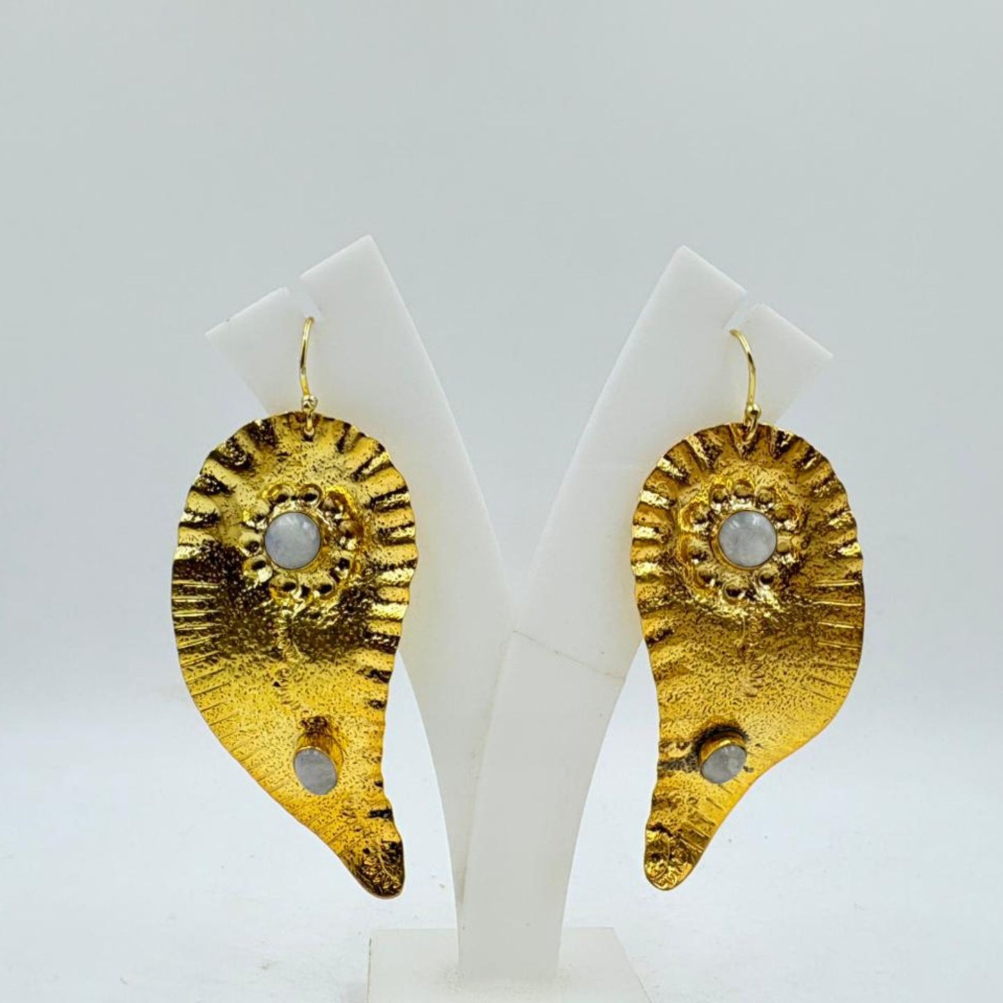 Brass Dangle Earrings with 18K Gold Plating – Textured Artistic Design with White Rainbow Stone
