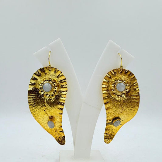 Brass Dangle Earrings with 18K Gold Plating – Textured Artistic Design with White Rainbow Stone