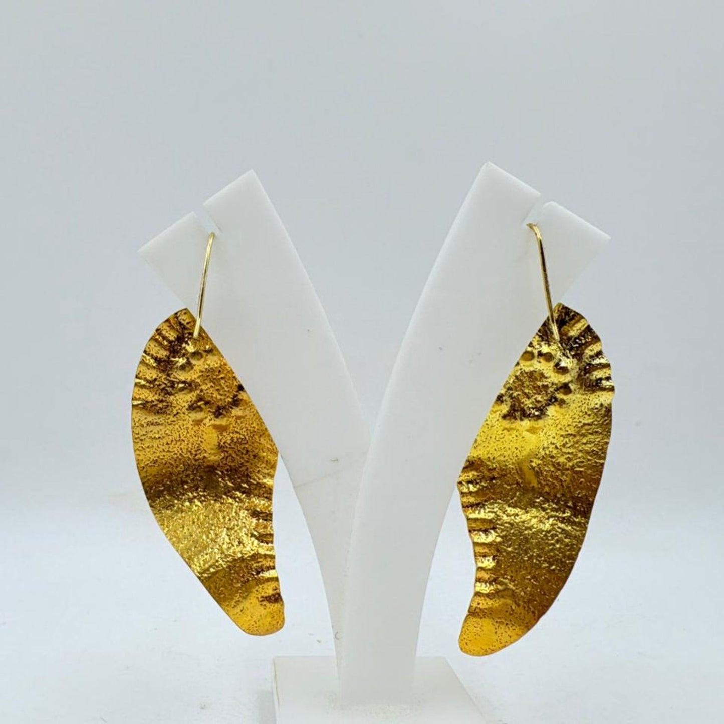 Brass Dangle Earrings with 18K Gold Plating – Textured Artistic Design with White Rainbow Stone