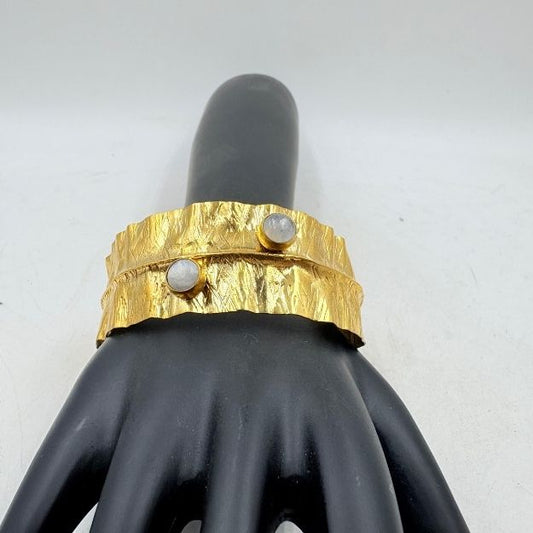 Golden Brass White Rainbow Stone Wide Cuff