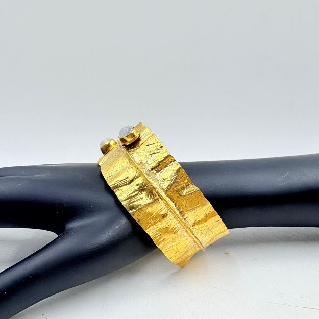 Golden Brass White Rainbow Stone Wide Cuff