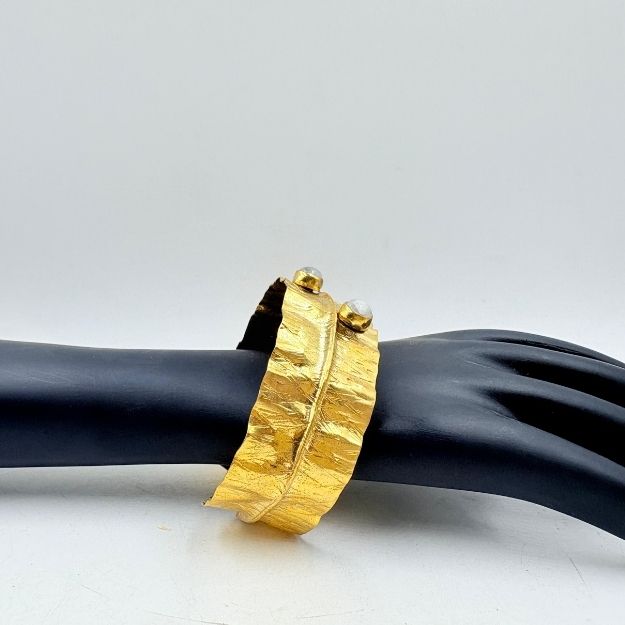 Golden Brass White Rainbow Stone Wide Cuff